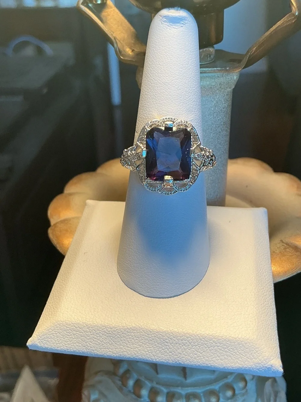 Rhinestone and Lab Created Sapphire Silver Tone Ring